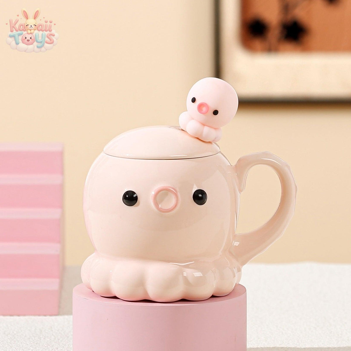 Jellyfish Mug Ceramic Cup Coffee Cup With Cover Spoon Kitchen Gadgets Cute Pink Jellyfish 381ML Kawaii Toys