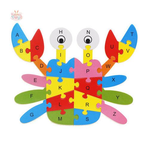 10 26-Letter Animal Puzzle Cartoon Children's Jigsaw Puzzle Wooden Toys Crab Kawaii Toys