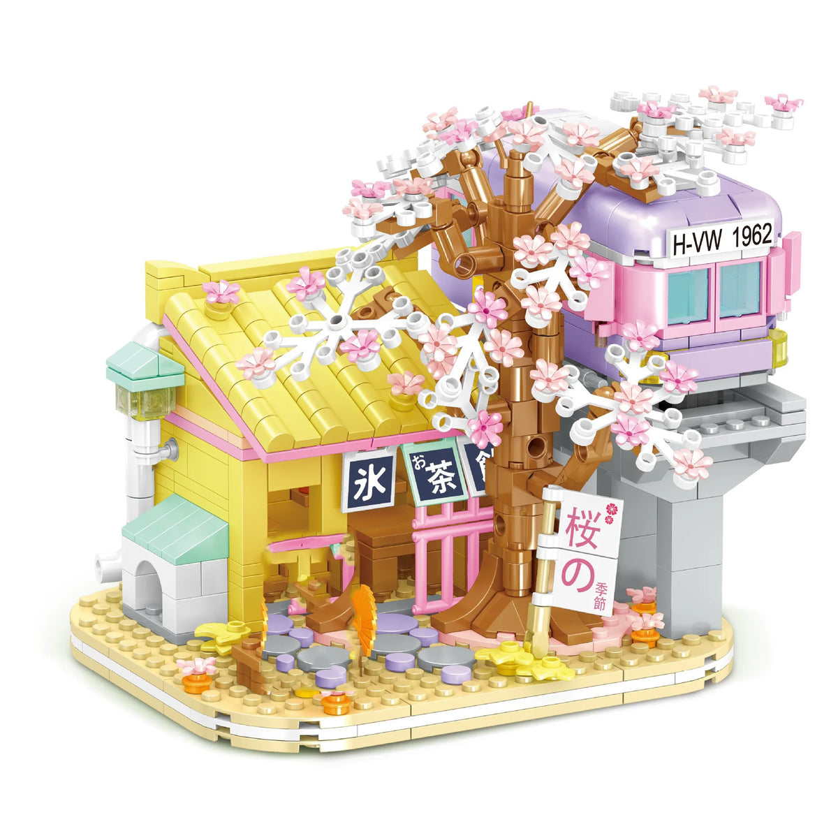 Creative Japan City Street View Mini Block Railway Cherry Blossom Building Brick Figures Sakura Streetscape Toys For Kids Gift