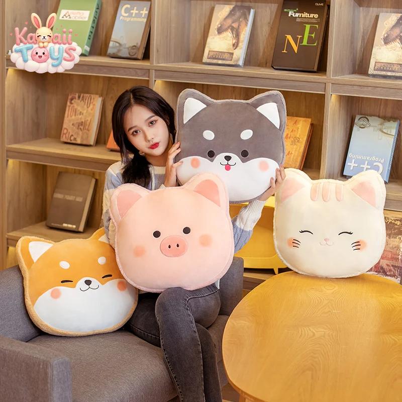 Cartoon Animal Head Plush Pillow-Shiba Inu Husky Cat Toys