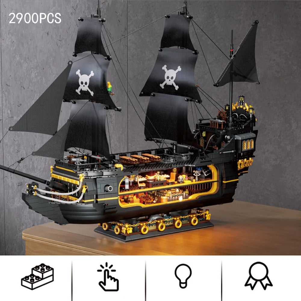 Idea Caribbean Dark Mirage Ship Mini Block Vehicle Construction Building Bricks Model Educational Toys Collection With Light