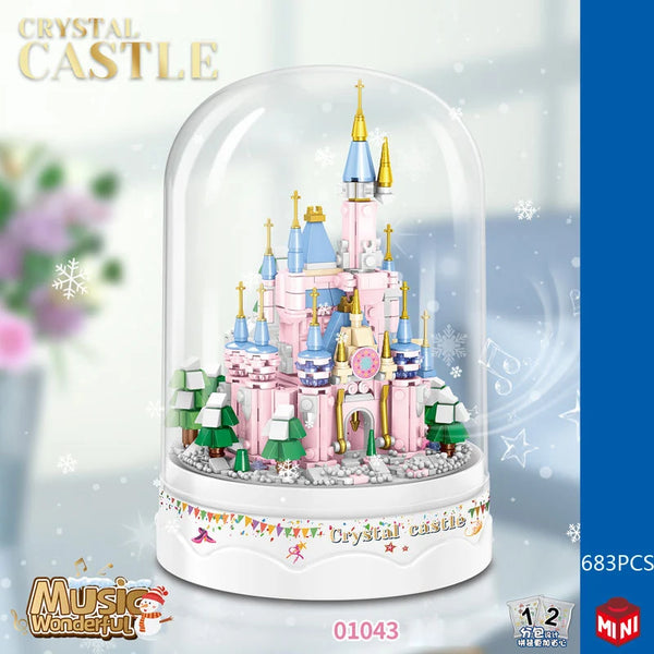 Idea Mini Block Pink Fairy Tale Princess Crystal Castle Building Bricks Model Display Stand Construction Toys For Girls Gifts