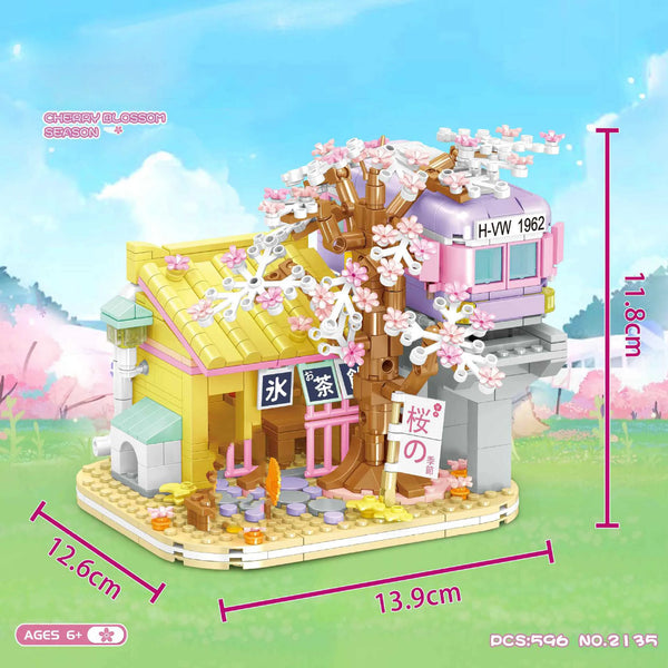 Creative Japan City Street View Mini Block Railway Cherry Blossom Building Brick Figures Sakura Streetscape Toys For Kids Gift