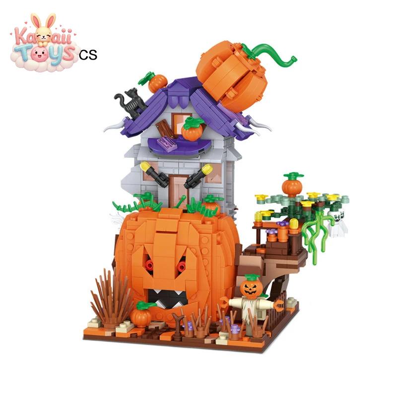 Creative Halloween Trick Or Treat City Street View Mini Block Pumpkin House